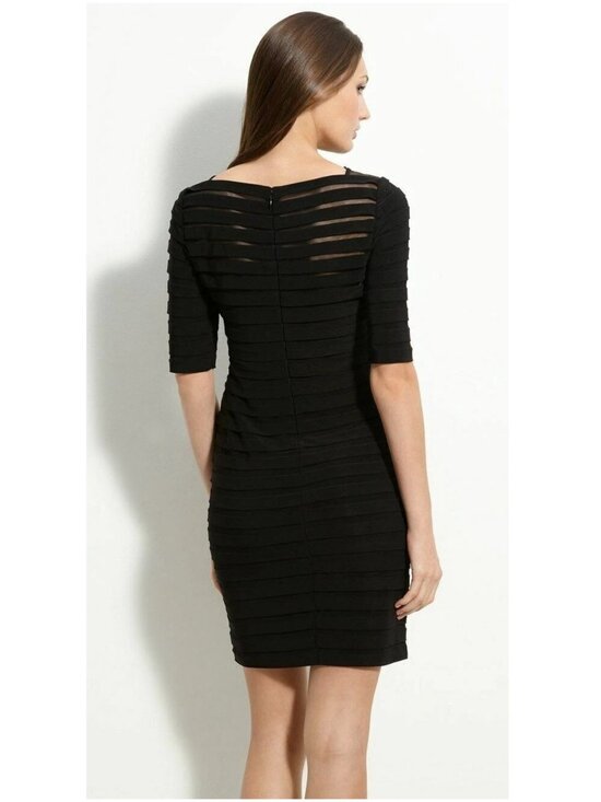 NWT Adrianna Papell Partial Tuck Elbow Sleeve Dress black 10 M L mesh pleated - Picture 2 of 14